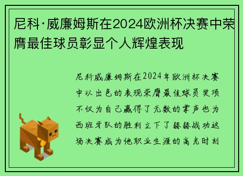 尼科·威廉姆斯在2024欧洲杯决赛中荣膺最佳球员彰显个人辉煌表现